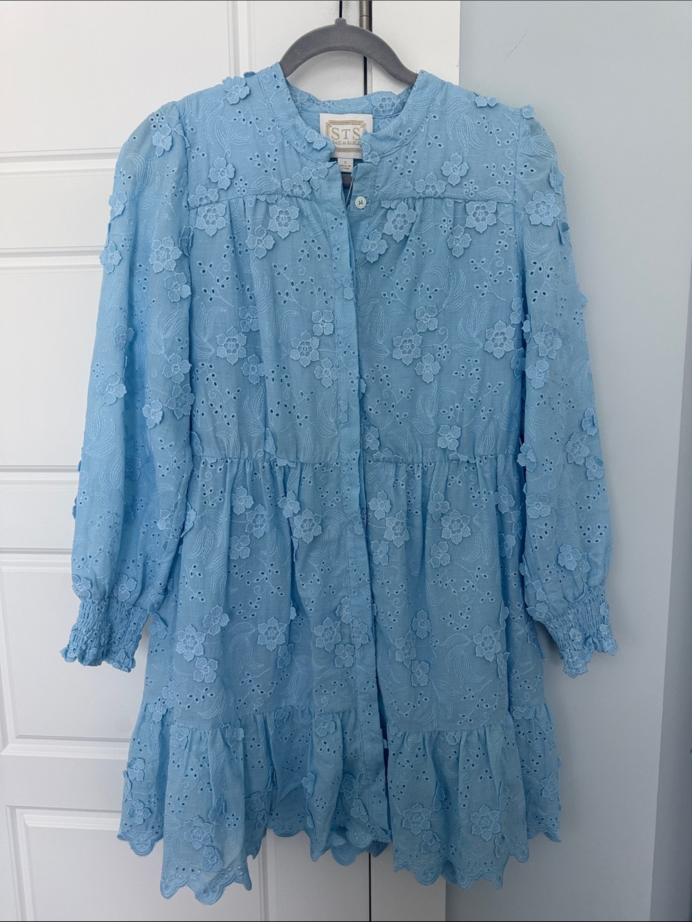 Sail to Sable Sky Blue Floral Eyelet Mini Dress - Sz Small (NWT)